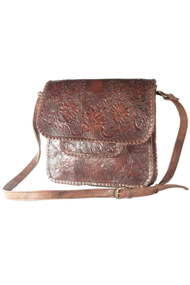 (image for) Sitka Brown Hand Tooled Laced Leather Cross Body Shoulder Bag